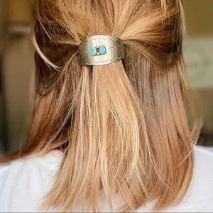D.C. Thomas Genuine Navajo Hair Clip Ponytail Holder Item #942H-1- Navajo Turquoise Stamped Symbols Sterling  main image 4